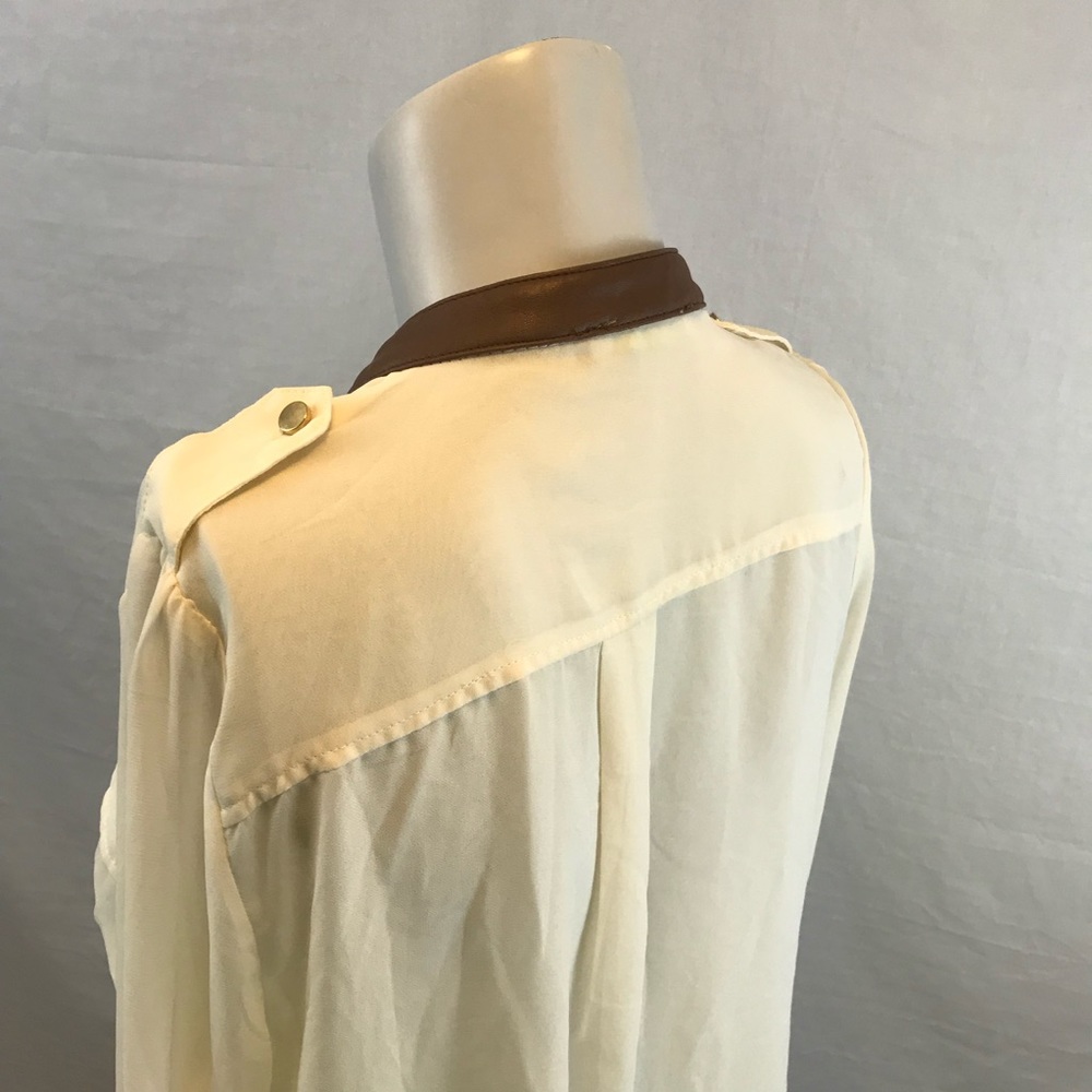 Cream Chiffon Sheer Leather Trim Top - Picture 7 of 7